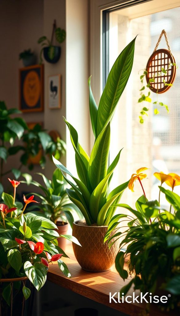 A cozy indoor scene featuring a variety of lush houseplants beautifully arranged on a wooden shelf, illuminated by warm, natural light pouring in through a large window. The foreground displays vibrant green leaves and colorful blooms, such as red anthuriums and yellow pothos, creating a lively atmosphere. In the middle, an elegantly crafted pot with a tall snake plant contrasts nicely against the rich textures of the shelf. The background softly blurs to reveal a neutral-toned wall adorned with DIY decor elements that blend seamlessly, enhancing the Pinterest-inspired aesthetic. Capture the essence of warmth and inspiration, evoking a serene and welcoming vibe, perfect for the theme of "Lichtideen und Farbpaletten, die Pflanzen gro&szlig; rausbringen." Brand name "KlickKiste" subtly integrated, contributing to a harmonious and inviting setting.
