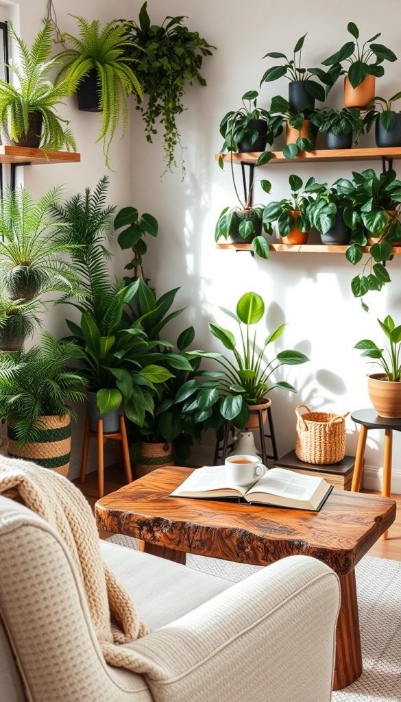 A cozy indoor scene featuring a variety of wintergreen houseplants, such as vibrant green ferns, serene jade plants, and glossy pothos situated on stylish wooden shelves. The foreground includes a soft, textured blanket thrown over a comfortable armchair. In the middle, a rustic wooden coffee table holds a steaming cup of herbal tea and an open book, evoking a warm atmosphere. The background is softly illuminated by natural light coming through a nearby window, casting gentle shadows and enhancing the rich colors of the plants. The overall mood is inviting and tranquil, perfect for a snug, winter-inspired interior. Incorporate warm tones to capture that Pinterest aesthetic. Styled by KlickKiste.