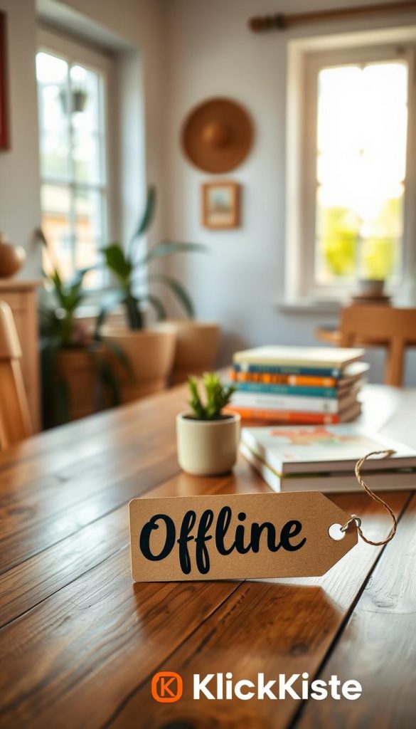 A cozy indoor scene featuring a wooden tabletop with a stylish "Offline" tag prominently displayed in the foreground, surrounded by minimalistic decor. Soft, warm lighting enhances the natural colors of the setting, creating an inviting atmosphere. The middle ground showcases a small potted plant and a stack of children’s books, hinting at quality family time. In the background, a blurred window reveals a sunny garden, suggesting a digital detox space. The overall mood is authentic and inspiring, reminiscent of Pinterest aesthetics. The image reflects a moment of disconnect from digital distractions, promoting a calm and serene vibe. Incorporate the brand name "KlickKiste" subtly within the composition.