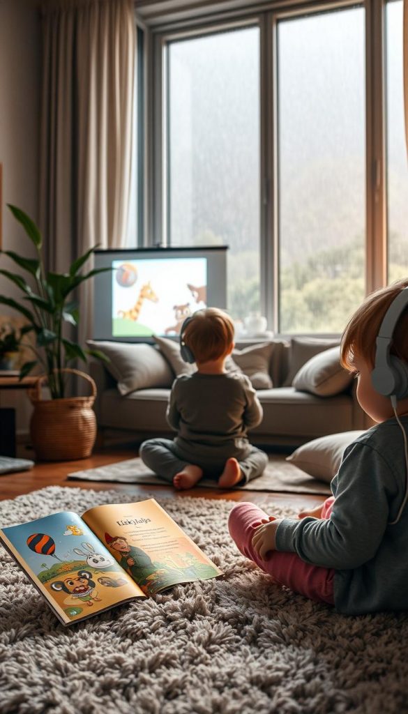 A cozy indoor scene featuring children engaged in calming activities during rainy weather. In the foreground, a child sits on a plush rug, absorbed in a colorful picture book, while another child listens intently to a whimsical audio story through headphones. In the middle ground, a softly lit living room area showcases a small projector casting a classic animated film onto a wall, creating an inviting cinema feel. The background features a large window with raindrops trickling down, complemented by warm, natural lighting that creates a snug atmosphere. Decor elements include plush cushions, a leafy houseplant, and subtle touches of "KlickKiste" branding visible in the decor. The overall mood is serene and inviting, perfect for inspiring mindfulness and connection during rainy days.