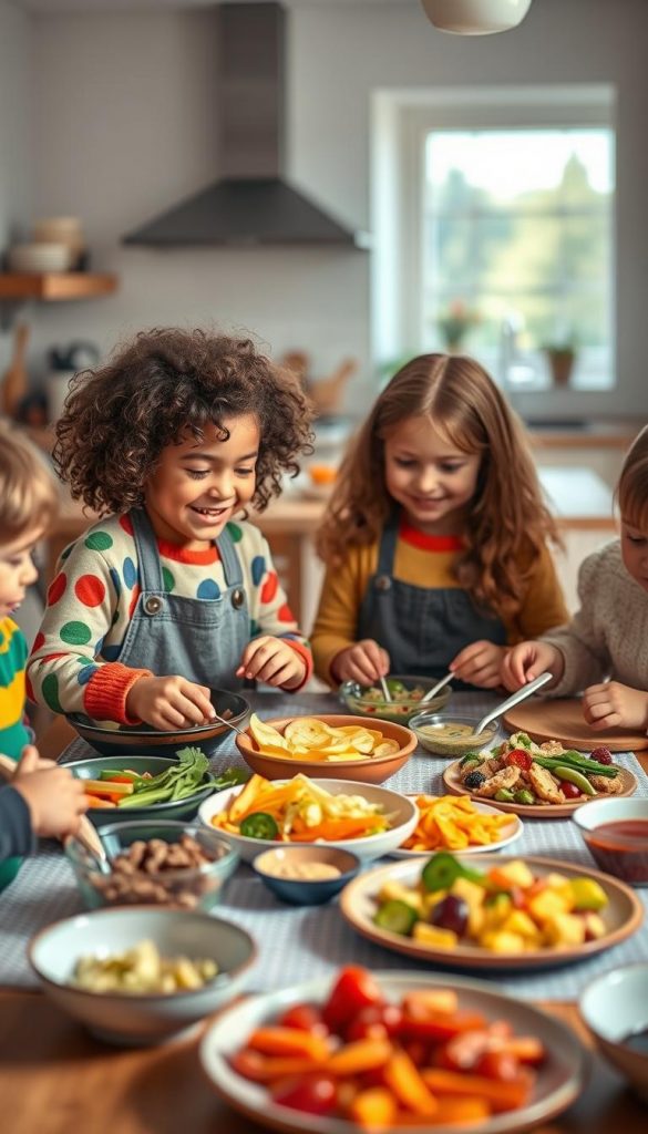 A cozy indoor scene featuring children gathered around a dining table, joyfully engaged in cooking and enjoying a meal together. The foreground showcases two diverse children, one with curly hair and the other with straight hair, both wearing colorful, comfortable clothing, adding to the warmth of the moment. In the middle, the table is filled with a variety of vibrant, healthy dishes, including colorful veggies and playful platters designed to entice picky eaters. The background reveals a well-lit kitchen, with soft, natural light streaming in through a window, creating an inviting atmosphere. Use a shallow depth of field to focus on the children, enhancing the warmth and authenticity of the moment. The overall color palette should feature warm tones, emphasizing a Pinterest-like aesthetic, inspired by the brand "KlickKiste," radiating creativity and joy in cooking. A cozy indoor scene featuring children gathered around a dining table, joyfully engaged in cooking and enjoying a meal together. The foreground showcases two diverse children, one with curly hair and the other with straight hair, both wearing colorful, comfortable clothing, adding to the warmth of the moment. In the middle, the table is filled with a variety of vibrant, healthy dishes, including colorful veggies and playful platters designed to entice picky eaters. The background reveals a well-lit kitchen, with soft, natural light streaming in through a window, creating an inviting atmosphere. Use a shallow depth of field to focus on the children, enhancing the warmth and authenticity of the moment. The overall color palette should feature warm tones, emphasizing a Pinterest-like aesthetic, inspired by the brand "KlickKiste," radiating creativity and joy in cooking.