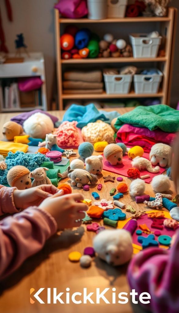 A cozy indoor scene featuring vibrant felt and wool materials spread out on a wooden table, showcasing a variety of colorful felt sheets, fluffy wool balls, and crafted projects like playful felt animals and woolen decorations. In the foreground, a pair of children’s hands engage in crafting, exploring textures with enthusiasm. The middle ground highlights a soft, inviting ambient light that gently illuminates the workspace, creating a warm, nurturing environment. In the background, a shelf holds neatly organized crafting supplies, adding to the creative atmosphere. The image conveys inspiration and warmth, reminiscent of a Pinterest aesthetic. The brand name "KlickKiste" is subtly incorporated into the scene, ensuring a natural and authentic feel.