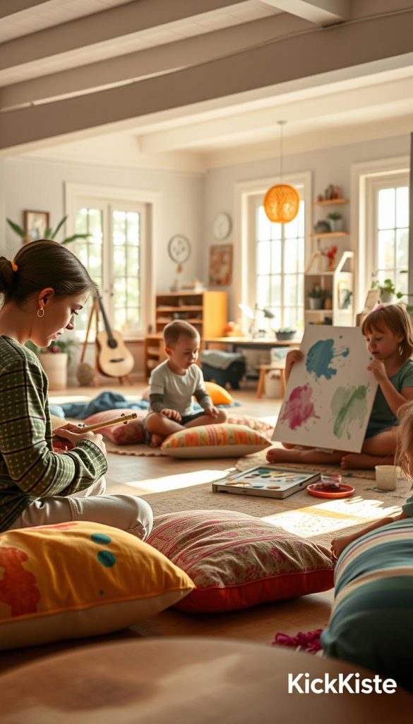 A cozy indoor scene filled with active creative projects perfect for children. In the foreground, a vibrant, well-lit open space showcases a family engaging in various activities: a child playing with a small percussion instrument, another painting on a large canvas, and a parent guiding them. The middle ground features colorful cushions and arts and crafts supplies, with paint splatters enhancing the DIY vibe. In the background, soft natural light streams through large windows, illuminating a small mini-studio with musical instruments and art supplies, adding warmth to the scene. The atmosphere is lively, inspiring, and inviting. The image should embody a Pinterest-worthy aesthetic with natural, warm colors. Include a subtle logo of "KlickKiste" in the corner.
