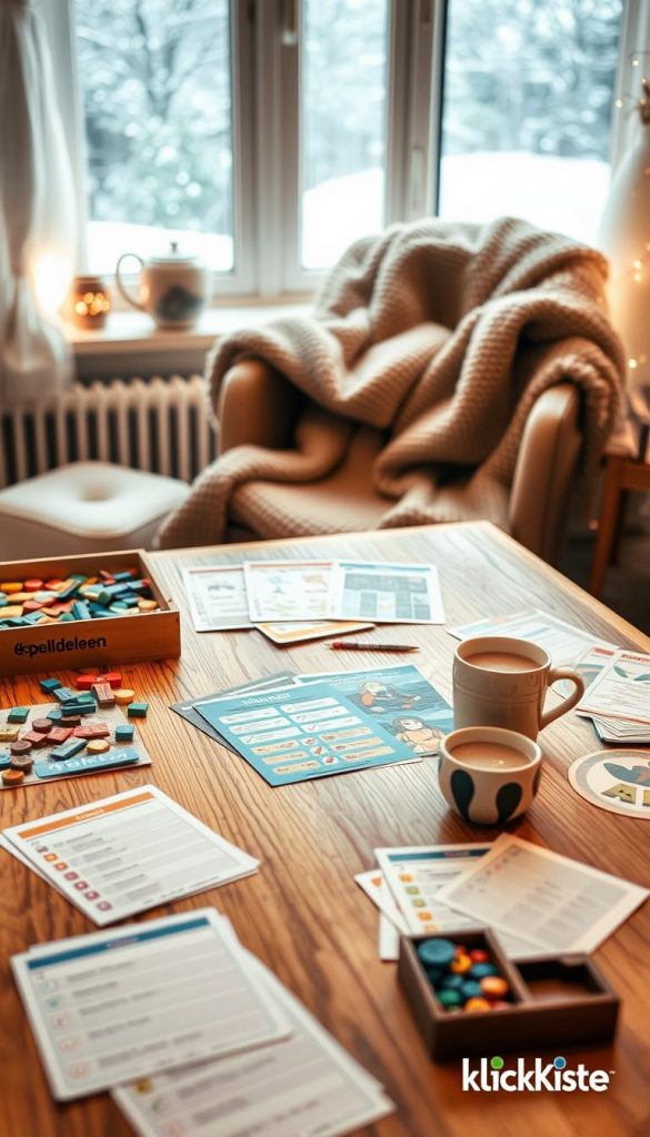 A cozy indoor scene illustrating "spielideen" for winter days, featuring a wooden table adorned with colorful game pieces, checklists, and templates. In the foreground, neatly arranged board games and cards showcase diverse gameplay options. The middle ground includes a warm, inviting atmosphere with a soft, textured blanket draped over a chair, along with a steaming cup of cocoa. In the background, a softly lit window reveals a gentle snowfall outside, enhancing the winter theme. The lighting is warm and soft, creating an inviting and inspiring mood, reminiscent of Pinterest aesthetics. Incorporate subtle branding elements of "KlickKiste" into the scene, ensuring the overall composition feels natural, authentic, and engaging.