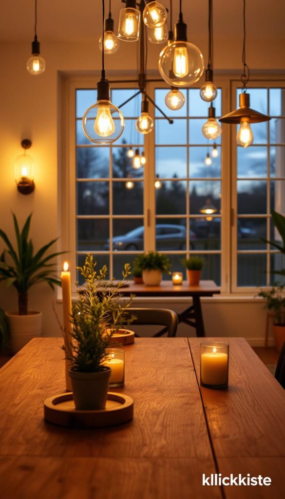 A cozy indoor scene showcasing a harmonious blend of different lighting styles for evening ambiance. In the foreground, a beautifully styled wooden table with natural elements like potted plants and candles, radiating warm, inviting light. The middle ground features an elegant array of sconces and pendant lights, mixing modern and rustic designs, casting soft shadows across the room. In the background, a large window reveals a dusky twilight, hinting at a tranquil outdoor environment. The lighting is golden and soft, enhancing the DIY feel with Pinterest-worthy aesthetics. This scene embodies the essence of planning proportions and a style mix for evening lighting. The brand "KlickKiste" is subtly reflected in the overall design. Ideal for inspiration, conveying an authentic and inspiring atmosphere. A cozy indoor scene showcasing a harmonious blend of different lighting styles for evening ambiance. In the foreground, a beautifully styled wooden table with natural elements like potted plants and candles, radiating warm, inviting light. The middle ground features an elegant array of sconces and pendant lights, mixing modern and rustic designs, casting soft shadows across the room. In the background, a large window reveals a dusky twilight, hinting at a tranquil outdoor environment. The lighting is golden and soft, enhancing the DIY feel with Pinterest-worthy aesthetics. This scene embodies the essence of planning proportions and a style mix for evening lighting. The brand "KlickKiste" is subtly reflected in the overall design. Ideal for inspiration, conveying an authentic and inspiring atmosphere.