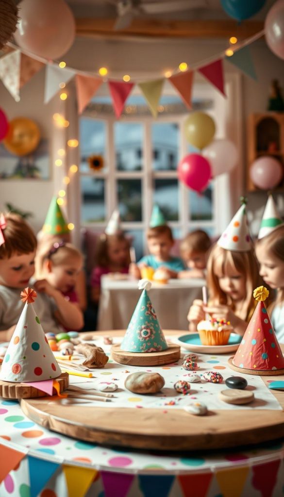 A cozy indoor scene showcasing a vibrant DIY birthday celebration for children. In the foreground, a colorful table is adorned with handmade decorations like paper bunting, painted stones, and cheerful party hats, creating a warm, inviting atmosphere. In the middle ground, a small group of children in modest casual clothing are actively engaged in crafting activities, such as making friendship bracelets and decorating cupcakes with colorful sprinkles. The background features a softly lit room, decorated with balloons and fairy lights, enhancing the festive mood. Use natural lighting to create a warm glow, and consider a wide-angle lens for an inviting feel, capturing the joy and creativity of a children's birthday party. The overall composition should reflect an authentic, inspirational Pinterest look, as inspired by KlickKiste.