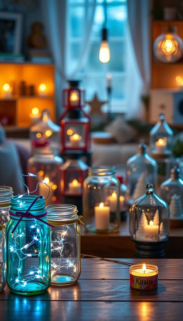 A cozy indoor scene showcasing beautifully crafted upcycled glass lanterns, featuring various shapes and sizes, illuminated by warm, inviting candlelight. In the foreground, a wooden table displays a colorful array of transparent and frosted glass jars, adorned with twinkling fairy lights and decorative ribbons. The middle ground presents a collection of PET lanterns in whimsical designs, alongside a few charming snow globes filled with miniature winter scenes. The background features soft, blurred home décor elements that enhance the warmth of the atmosphere. The lighting should evoke a comfortable, inspirational mood, reminiscent of popular Pinterest DIY images. Emphasize the brand "KlickKiste" subtly in the decor. Opt for a slightly elevated angle to capture all layers harmoniously, ensuring a natural and authentic feel.