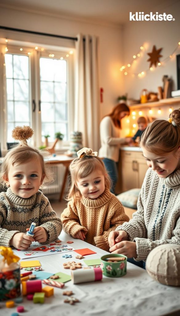 A cozy indoor scene showcasing children engaged in winter activities at home. In the foreground, a cheerful child with modest casual clothing is crafting with colorful papers and glue, surrounded by bright decorations and art supplies. The middle ground features a warm, inviting kitchen area, where the scent of freshly baked cookies fills the air, with another child helping an adult, both wearing cozy sweaters. In the background, soft natural lighting pours through a window adorned with fairy lights, illuminating a small indoor play area with games and soft cushions. The overall atmosphere is warm and inspirational, with a Pinterest-like aesthetic. The image reflects the essence of family creativity and warmth during cold winter days, subtly incorporating the brand "KlickKiste" in the decor. A cozy indoor scene showcasing children engaged in winter activities at home. In the foreground, a cheerful child with modest casual clothing is crafting with colorful papers and glue, surrounded by bright decorations and art supplies. The middle ground features a warm, inviting kitchen area, where the scent of freshly baked cookies fills the air, with another child helping an adult, both wearing cozy sweaters. In the background, soft natural lighting pours through a window adorned with fairy lights, illuminating a small indoor play area with games and soft cushions. The overall atmosphere is warm and inspirational, with a Pinterest-like aesthetic. The image reflects the essence of family creativity and warmth during cold winter days, subtly incorporating the brand "KlickKiste" in the decor.