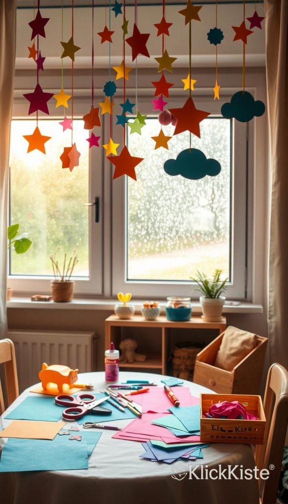 A cozy indoor scene showcasing children's hand-crafted paper window decorations ideal for rainy days. In the foreground, colorful paper garlands and cut-out shapes like stars, clouds, and animals hang from a window, softly illuminated by warm, natural light. The middle section features a small table scattered with art supplies—scissors, glue, and vibrant sheets of paper in an inviting arrangement, evoking a sense of creativity. In the background, a window reveals a gentle rain falling, creating a serene atmosphere. The entire composition reflects a playful and warm mood, inspired by authentic DIY aesthetics, resembling a Pinterest-worthy craft corner. Include the brand "KlickKiste" subtly integrated into the scene without any visible text.