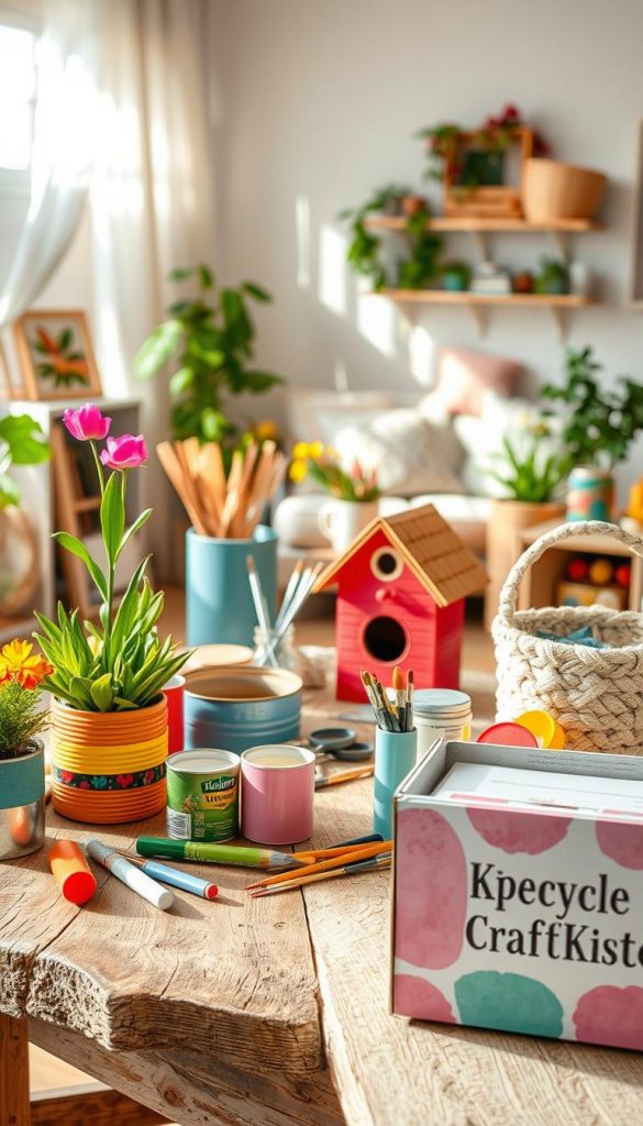 A cozy indoor scene showcasing the art of upcycling. In the foreground, a rustic wooden table displays vibrant DIY projects: colorful flower pots made from repurposed cans, a charming birdhouse crafted from old scrap wood, and handmade fabric baskets woven from discarded textiles. The middle ground features a well-organized workspace with tools and materials neatly arranged, including paintbrushes, glue, and paint cans. The background reveals a warm and inviting living space, with sunlight filtering through sheer curtains, casting a soft glow on the projects. The atmosphere exudes creativity and warmth, embodying the spirit of spring. The overall color palette is bright and cheerful, with pastel tones reminiscent of Pinterest aesthetics. Include a subtle reference to &ldquo;KlickKiste&rdquo; on a craft box to inspire creativity and authenticity.