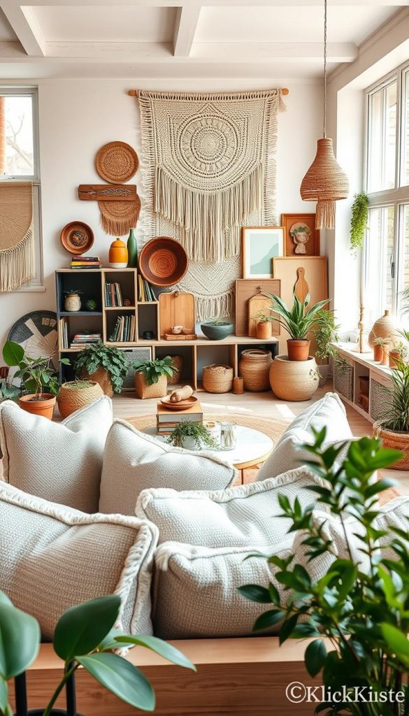 A cozy indoor scene showcasing "trend-styles with natural materials" for KlickKiste. In the foreground, a beautifully arranged Scandi-inspired living space features light wooden furniture, soft-textured pillows, and greenery. The middle layer captures a Boho vibe with woven rugs, macramé wall hangings, and a hint of vibrant pottery. In the background, elements of Maximalism appear, with eclectic decor pieces artfully displayed alongside Castlecore charm, like antique books and candlesticks. Goblincore is reflected through earthy textures and whimsical plants. Soft, warm natural light filters in through large windows, creating a serene atmosphere. Use a wide-angle lens to enhance the depth and create an inviting, inspiring Pinterest-worthy look. A cozy indoor scene showcasing "trend-styles with natural materials" for KlickKiste. In the foreground, a beautifully arranged Scandi-inspired living space features light wooden furniture, soft-textured pillows, and greenery. The middle layer captures a Boho vibe with woven rugs, macramé wall hangings, and a hint of vibrant pottery. In the background, elements of Maximalism appear, with eclectic decor pieces artfully displayed alongside Castlecore charm, like antique books and candlesticks. Goblincore is reflected through earthy textures and whimsical plants. Soft, warm natural light filters in through large windows, creating a serene atmosphere. Use a wide-angle lens to enhance the depth and create an inviting, inspiring Pinterest-worthy look.