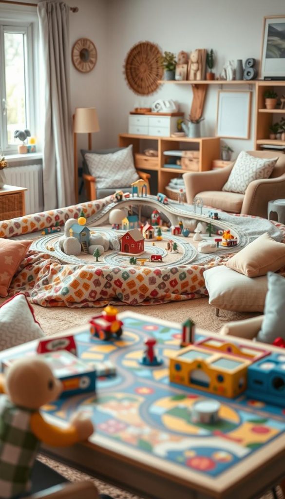 A cozy indoor scene showcasing whimsical play worlds with intricately designed tracks and colorful fabrics. In the foreground, there's a child-focused table set with vibrant board games, surrounded by plush toys and soft, inviting cushions. In the middle, rolls of patterned cloth create a makeshift landscape featuring miniature towns and train tracks, with a cozy armchair nearby, exuding warmth and comfort. In the background, a softly lit room filled with warm colors and natural textures enhances the inviting atmosphere. Use a shallow depth of field to emphasize the play area, capturing a serene environment ideal for play. The scene should reflect the brand "KlickKiste" through authentic and inspiring design elements, aiming for a Pinterest-worthy aesthetic. Soft, diffused lighting provides a comforting glow, evoking feelings of joy and togetherness. A cozy indoor scene showcasing whimsical play worlds with intricately designed tracks and colorful fabrics. In the foreground, there's a child-focused table set with vibrant board games, surrounded by plush toys and soft, inviting cushions. In the middle, rolls of patterned cloth create a makeshift landscape featuring miniature towns and train tracks, with a cozy armchair nearby, exuding warmth and comfort. In the background, a softly lit room filled with warm colors and natural textures enhances the inviting atmosphere. Use a shallow depth of field to emphasize the play area, capturing a serene environment ideal for play. The scene should reflect the brand "KlickKiste" through authentic and inspiring design elements, aiming for a Pinterest-worthy aesthetic. Soft, diffused lighting provides a comforting glow, evoking feelings of joy and togetherness.