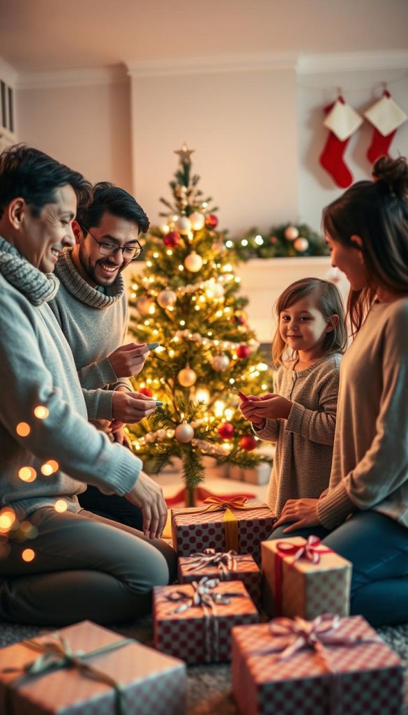 A cozy indoor scene where a family joyfully participates in a “Wunschbaum” holiday ritual. In the foreground, a diverse family of four—two adults and two children—dressed in modest, comfy clothing, smiles as they decorate a beautifully adorned wish tree with handwritten wishes and colorful ornaments. In the middle ground, there are neatly wrapped gifts and a gentle glow from string lights enhancing the warm, festive atmosphere. The background shows a softly lit, decorated room with a fireplace and stockings, creating a sense of home and togetherness. The lighting should evoke warmth and comfort, reminiscent of a Pinterest aesthetic. This image should reflect the positive spirit of giving and community, emphasizing authenticity and inspiration. Include the brand name "KlickKiste" subtly integrated into the scene, harmonizing with the overall look. A cozy indoor scene where a family joyfully participates in a “Wunschbaum” holiday ritual. In the foreground, a diverse family of four—two adults and two children—dressed in modest, comfy clothing, smiles as they decorate a beautifully adorned wish tree with handwritten wishes and colorful ornaments. In the middle ground, there are neatly wrapped gifts and a gentle glow from string lights enhancing the warm, festive atmosphere. The background shows a softly lit, decorated room with a fireplace and stockings, creating a sense of home and togetherness. The lighting should evoke warmth and comfort, reminiscent of a Pinterest aesthetic. This image should reflect the positive spirit of giving and community, emphasizing authenticity and inspiration. Include the brand name "KlickKiste" subtly integrated into the scene, harmonizing with the overall look.