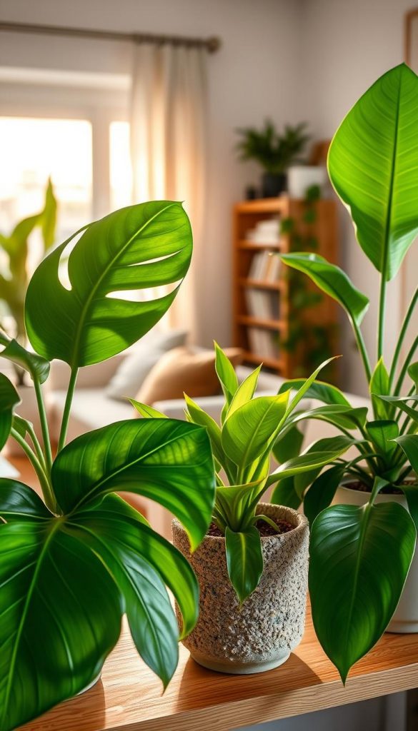 A cozy indoor setting featuring a variety of healthy, verdant houseplants elegantly arranged on a wooden shelf, showcasing the beauty of plant care. In the foreground, there are vibrant green Monstera leaves and a textured pot containing a snake plant, highlighting their lush, thriving appearance. The middle layer displays a well-lit, inviting living space with sunlight streaming through a window, casting warm, golden rays that enhance the colors of the plants. In the background, soft-focus elements like a minimalist bookshelf with plant care books create a serene atmosphere. The entire scene should evoke a sense of tranquility and inspiration, embodying the essence of &lsquo;pflege&rsquo; (care) in plant nurturing, all captured in the aesthetic style of KlickKiste with a warm, natural Pinterest look.