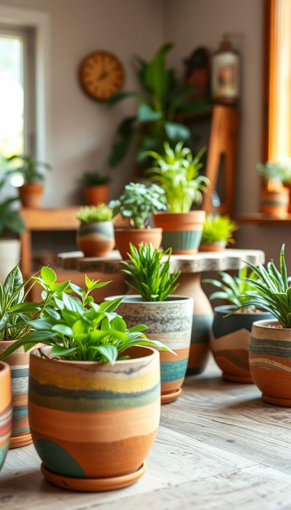 A cozy indoor setting featuring an array of beautifully designed plant pots (übertöpfe) made from natural materials like terracotta, clay, and recycled wood. The foreground showcases a few pots with vibrant green plants, adorned with colorful, textured patterns and earthy tones. In the middle, a rustic wooden table holds additional plant pots, some with interesting upcycled designs, promoting a budget-friendly decor approach. The background reveals warm, soft lighting filtering through a window, creating an inviting atmosphere. Use a shallow depth of field to focus on the pots while softly blurring the background, enhancing the Pinterest-inspired aesthetic of natural DIY decor. This scene reflects authenticity and inspiration, echoing the brand "KlickKiste."