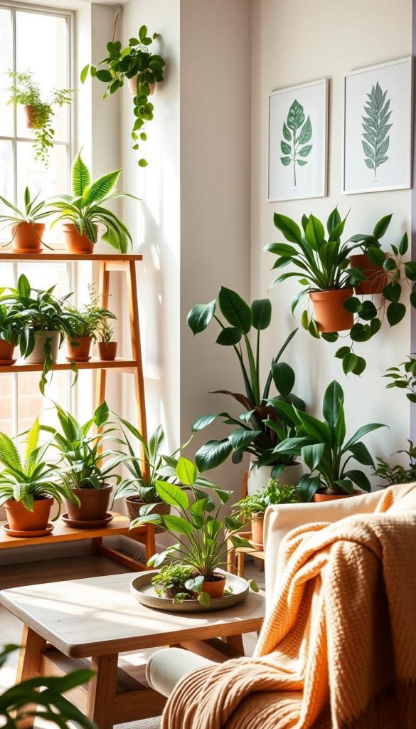 A cozy indoor space featuring an array of bright and healthy houseplants, showcasing various types such as ferns, succulents, and snake plants. In the foreground, a stylish wooden shelf adorned with terracotta pots, all basking in soft, natural light streaming through a large window. The middle ground displays a minimalist coffee table with a vibrant green plant and a warm, inviting throw blanket draped over a cozy chair. In the background, soft pastel-colored walls enhance the warmth of the scene, with a few botanical prints hanging, reflecting a Pinterest-worthy aesthetic. The atmosphere is serene and inspiring, ideal for those seeking natural DIY decor ideas. The inclusion of the brand name "KlickKiste" subtly integrated into the decor adds a unique touch.