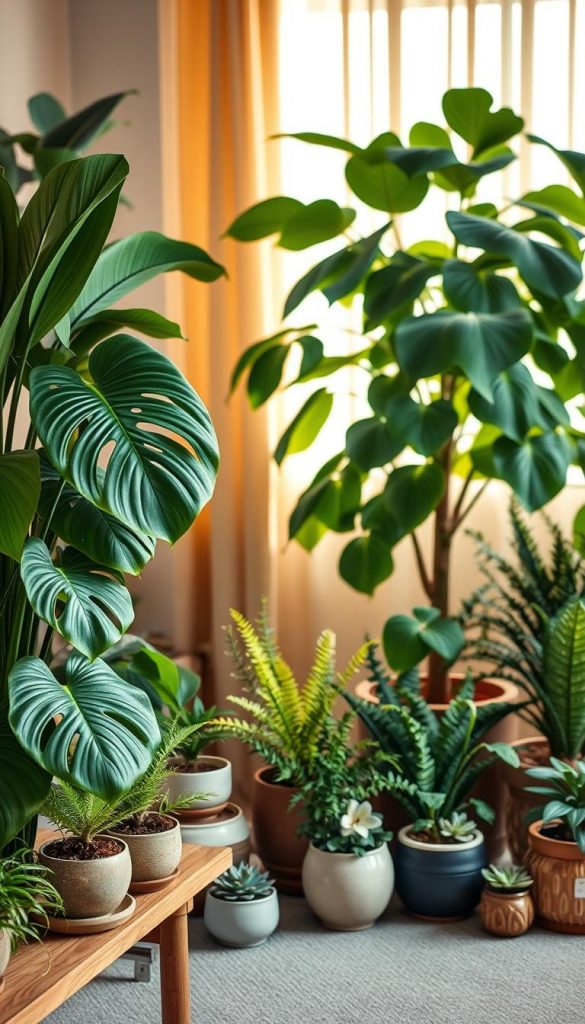 A cozy indoor space filled with an array of elegant decor plants, showcasing various textures and proportions. In the foreground, a stylish wooden shelf displays vibrant green monstera leaves next to delicate ferns and small flowering succulents, arranged artfully in ceramic pots. The middle ground features a large, leafy fiddle leaf fig tree that draws the eye, while smaller potted plants create a sense of depth around it. The background reveals a soft-focus window with sheer curtains, allowing warm, natural light to filter in, illuminating the scene with a serene glow. The overall mood is inviting and harmonious, capturing a natural DIY aesthetic reminiscent of Pinterest inspirations. This trendy setup by "KlickKiste" highlights the beauty of indoor gardening and decor.