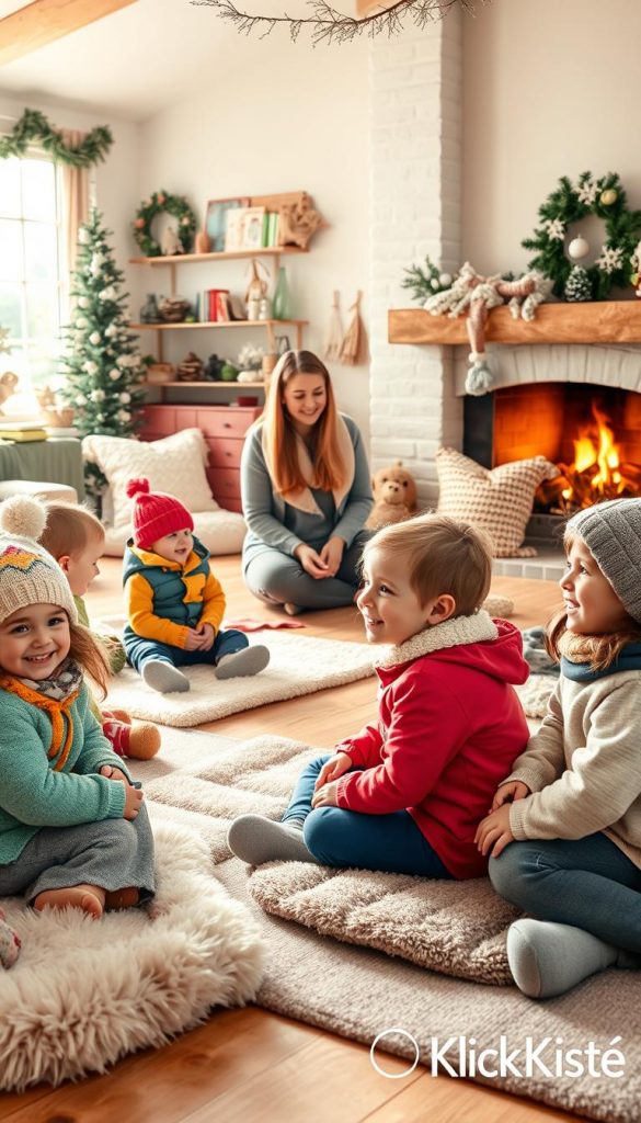 A cozy indoor winter scene featuring a diverse group of children and a caregiver engaged in a "Mitmachgeschichte" session. In the foreground, children aged 4 to 8, dressed in colorful and comfortable winter attire, are sitting on soft, plush mats, smiling and laughing as they participate in imaginative storytelling. In the middle ground, a parent or caregiver, wearing casual yet professional clothing, gently guides the session, incorporating elements of massage and gentle movement. The background showcases a warmly-lit room adorned with winter decorations, soft pillows, and a glowing fireplace, enhancing the inviting atmosphere. Natural light filters through a window, casting soft shadows and creating a serene mood. This scene captures the essence of movement, relaxation, and creativity. The overall aesthetic is warm and inviting, inspired by natural DIY styles, evoking a sense of authenticity and inspiration, and branded with "KlickKiste."