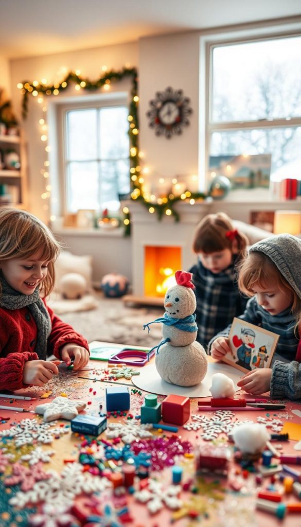 A cozy indoor winter scene featuring a group of children engaging in creative winter activities. In the foreground, a colorful table is strewn with art supplies—glitter, paint, and paper snowflakes in progress. Two children are focused on crafting a snowman with soft fabric and cotton balls, while another child is painting winter-themed pictures. The middle layer shows a warm, inviting living room decorated with twinkling fairy lights, a softly glowing fireplace, and a large window revealing softly falling snow outside. The background features a bookshelf filled with educational winter books. The atmosphere is joyful and inspiring, illuminated by warm tones and gentle lighting, capturing the essence of creativity in winter. Include subtle branding of "KlickKiste" on the craft materials. A cozy indoor winter scene featuring a group of children engaging in creative winter activities. In the foreground, a colorful table is strewn with art supplies—glitter, paint, and paper snowflakes in progress. Two children are focused on crafting a snowman with soft fabric and cotton balls, while another child is painting winter-themed pictures. The middle layer shows a warm, inviting living room decorated with twinkling fairy lights, a softly glowing fireplace, and a large window revealing softly falling snow outside. The background features a bookshelf filled with educational winter books. The atmosphere is joyful and inspiring, illuminated by warm tones and gentle lighting, capturing the essence of creativity in winter. Include subtle branding of "KlickKiste" on the craft materials.