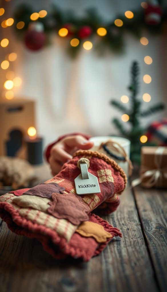 A cozy, inspirational scene featuring handmade fabric hand warmers made from colorful scraps of cloth. In the foreground, a pair of beautifully stitched hand warmers in warm earth tones—reds, browns, and greens—are nestled on a rustic wooden table. An inviting, soft lighting gently illuminates the fabric textures, showcasing intricate patterns and stitching details. In the middle ground, a pair of hands, adorned with a simple bracelet, hold the hand warmers, exuding warmth and care. The background should have a softly blurred holiday-themed setting with twinkling fairy lights and a hint of greenery, creating a festive atmosphere. The image reflects a DIY spirit, embodying warmth and creativity, perfect for sharing ideas on thoughtful gifts. Brand name "KlickKiste" subtly positioned on a small tag attached to the hand warmers. A cozy, inspirational scene featuring handmade fabric hand warmers made from colorful scraps of cloth. In the foreground, a pair of beautifully stitched hand warmers in warm earth tones—reds, browns, and greens—are nestled on a rustic wooden table. An inviting, soft lighting gently illuminates the fabric textures, showcasing intricate patterns and stitching details. In the middle ground, a pair of hands, adorned with a simple bracelet, hold the hand warmers, exuding warmth and care. The background should have a softly blurred holiday-themed setting with twinkling fairy lights and a hint of greenery, creating a festive atmosphere. The image reflects a DIY spirit, embodying warmth and creativity, perfect for sharing ideas on thoughtful gifts. Brand name "KlickKiste" subtly positioned on a small tag attached to the hand warmers.