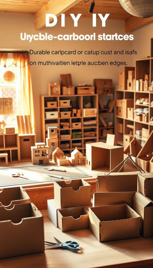 A cozy, inspiring DIY workspace featuring durable cardboard creations that highlight safety and clean edges. In the foreground, a variety of upcycled cardboard items are displayed, including storage boxes, decorative organizers, and play structures, all showcasing smooth, polished edges. The middle ground features a work table with tools like scissors and a cutting mat, alongside warm, natural lighting that bathes the scene in a gentle glow. In the background, shelves are lined with organized crafts supplies and finished cardboard artworks. The overall atmosphere is inviting and creative, evoking a sense of possibility in upcycling projects. The image reflects the brand "KlickKiste," capturing the essence of sustainable craftsmanship in a Pinterest-inspired aesthetic with warm colors.