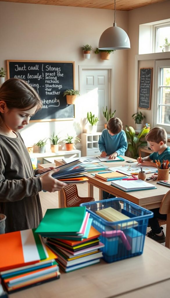 A cozy, inspiring study space featuring a diverse group of children engaged in self-organization and learning tasks. In the foreground, one child, a girl in modest casual clothing, is diligently sorting through colorful folders and books, showcasing the methodical approach to homework. In the middle ground, two boys collaborate on a poster project, sharing ideas on a large table filled with school supplies, creating a vibrant atmosphere of teamwork and creativity. The background reveals a warm, well-lit room with a chalkboard displaying motivational quotes, house plants, and educational posters enhancing the ambiance. Soft, natural lighting pours in through a window, evoking a comfortable and inviting mood. The scene embodies the essence of "KlickKiste," inspiring independence and learning through engaging activities.