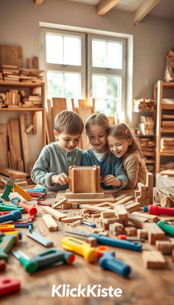 A cozy, inspiring woodwork project scene featuring children comfortably engaged in DIY activities in a sunlit workshop. In the foreground, a wooden workbench cluttered with colorful tools like child-sized saws, screwdrivers, and wood pieces ready for crafting. The middle layer shows two children, a boy and a girl, wearing modest casual clothes, focused on assembling a simple wooden toy, smiling as they work together. Surrounding them, shelves lined with neatly organized wooden planks and craft supplies create a warm, inviting atmosphere. In the background, large windows let in natural light, enhancing the scene's creativity and warmth. The overall mood is joyful, fostering a sense of teamwork and exploration, embodying the brand "KlickKiste" with a Pinterest-inspired aesthetic.