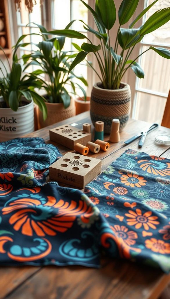 A cozy, inspiring workspace showcasing various fabric samples featuring vibrant batik designs, displayed on a rustic wooden table. The foreground highlights several colorful DIY fabric pieces with intricate patterns&mdash;swirls of blue, green, and orange mixed with floral motifs. In the middle, a handmade printing block lies next to spools of natural thread and fabric paint, inviting creativity. The background features soft, warm lighting filtering through plants, creating a tranquil atmosphere reminiscent of a Pinterest aesthetic. A calming palette enhances the scene, with earthy tones dominating, while the brand name "KlickKiste" subtly integrated into the surroundings. Capture a sense of authenticity and motivation, perfect for showcasing creative textile ideas.