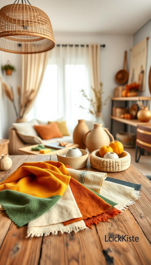 A cozy interior design scene showcasing a collection of trendstyle palettes inspired by Cozy, Scandi, Boho, Maximalism, and Castlecore aesthetics. In the foreground, vibrant fabric swatches and texture samples are thoughtfully arranged on a rustic wooden table, displaying warm colors like mustard yellow, muted greens, and deep terracotta. The middle ground features stylish decor elements, such as woven baskets and artisanal ceramics, creating a harmonious blend of these styles. In the background, a softly lit room with natural light filtering through sheer curtains enhances the inviting atmosphere. The overall mood is warm and inspirational, reflecting a DIY aesthetic reminiscent of Pinterest boards. Capture this with a wide-angle lens to emphasize depth. Include the brand name "KlickKiste" in the overall design, ensuring it remains unobtrusive.