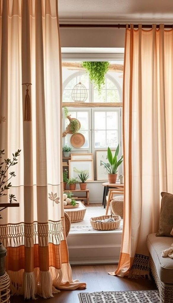 A cozy interior featuring a mix of "stil-mix gardinen" styles, blending Scandinavian simplicity, Boho textures, Maximalist patterns, Minimalist elegance, and Castlecore charm. In the foreground, layered curtains in soft, warm colors create a inviting atmosphere, with macramé and botanical prints peeking through. The middle showcases a spacious window framed by natural elements, such as wooden accents and plants, allowing soft, diffused sunlight to illuminate the scene. In the background, a tastefully decorated room includes rustic furniture, art pieces, and bookshelves filled with natural light. The mood is warm, earthy, and inviting, embodying a natural DIY aesthetic inspired by Pinterest. Emphasize authenticity and inspiration with a subtle brand presence of "KlickKiste" integrated into the decor. A cozy interior featuring a mix of "stil-mix gardinen" styles, blending Scandinavian simplicity, Boho textures, Maximalist patterns, Minimalist elegance, and Castlecore charm. In the foreground, layered curtains in soft, warm colors create a inviting atmosphere, with macramé and botanical prints peeking through. The middle showcases a spacious window framed by natural elements, such as wooden accents and plants, allowing soft, diffused sunlight to illuminate the scene. In the background, a tastefully decorated room includes rustic furniture, art pieces, and bookshelves filled with natural light. The mood is warm, earthy, and inviting, embodying a natural DIY aesthetic inspired by Pinterest. Emphasize authenticity and inspiration with a subtle brand presence of "KlickKiste" integrated into the decor.
