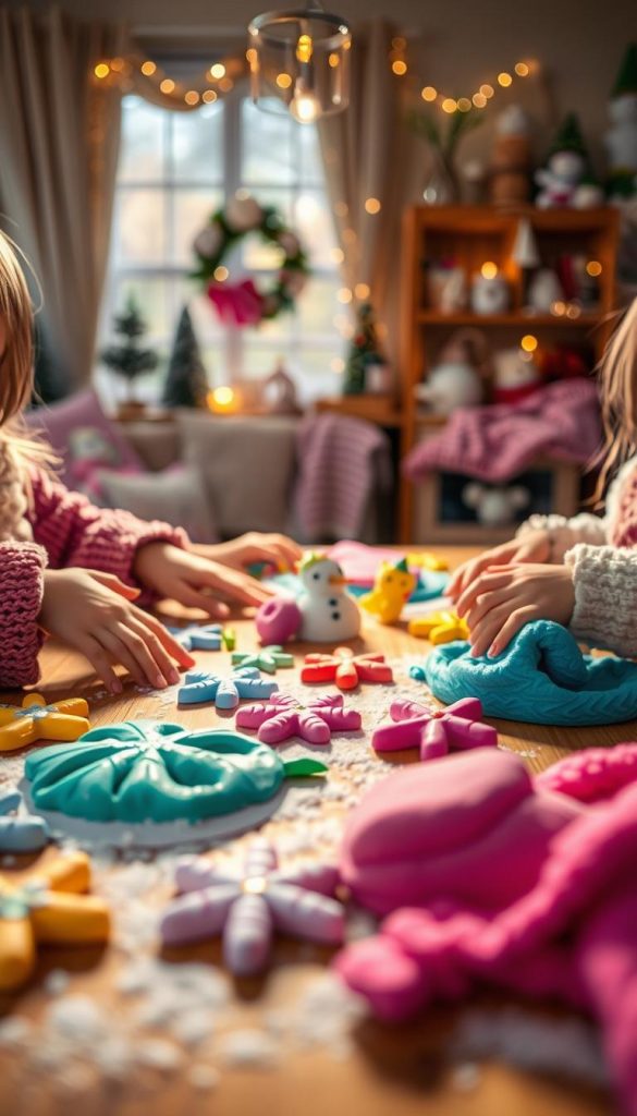 A cozy interior scene featuring a crafting table filled with vibrant "schnee-knete" (snow dough) in various colors. The foreground showcases hands of children, joyfully molding and shaping the dough into winter-themed figures like snowflakes and snowmen. In the middle ground, an inviting light spills over the table, creating a warm atmosphere. Soft, insulated textures like woolen mittens and scarves lay scattered around, enhancing the sense of warmth. The background reveals a softly decorated room with winter decorations and twinkling fairy lights, imparting a magical feel to the setting. Use a warm color palette, capturing the essence of creativity and playfulness. The image should reflect an authentic and inspirational vibe, synonymous with the KlickKiste brand.