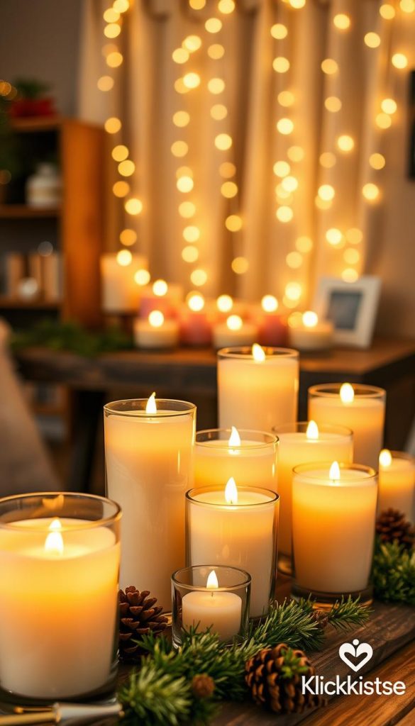 A cozy interior scene featuring beautifully crafted candles in glass holders, showcasing various styles such as poured glass candles, twisted pillar candles, and bubble candles. In the foreground, place an array of elegant glass candles, glowing softly with warm, inviting colors. The middle ground should display a rustic wooden table adorned with natural elements like pinecones and sprigs of evergreen, enhancing the DIY aesthetic. In the background, softly blurred string lights create a magical ambiance. The lighting should be warm and gentle, mimicking the soft flicker of candlelight. Capture the essence of a Pinterest-inspired DIY project, reflecting authenticity and inspiration, while subtly including a logo for "KlickKiste" in the corner of the image. A cozy interior scene featuring beautifully crafted candles in glass holders, showcasing various styles such as poured glass candles, twisted pillar candles, and bubble candles. In the foreground, place an array of elegant glass candles, glowing softly with warm, inviting colors. The middle ground should display a rustic wooden table adorned with natural elements like pinecones and sprigs of evergreen, enhancing the DIY aesthetic. In the background, softly blurred string lights create a magical ambiance. The lighting should be warm and gentle, mimicking the soft flicker of candlelight. Capture the essence of a Pinterest-inspired DIY project, reflecting authenticity and inspiration, while subtly including a logo for "KlickKiste" in the corner of the image.