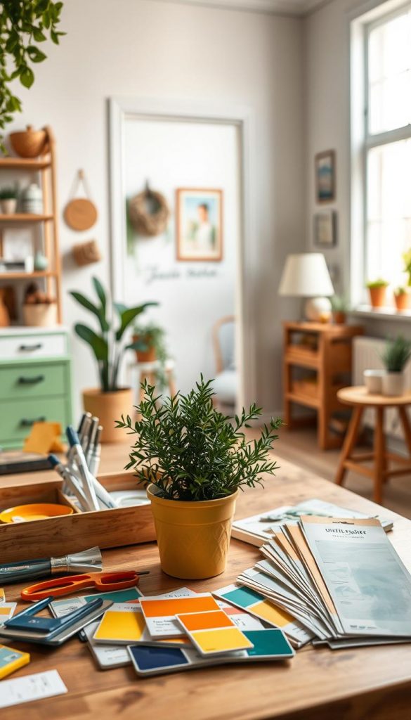 A cozy interior scene reflecting "umsetzung zuhause" in the context of DIY home decor. In the foreground, a well-organized workspace features colorful tools, paint samples, and a small potted plant, evoking a warm and inviting atmosphere. The middle section displays a partially completed room, showcasing a transformation with fresh summer colors like soft yellows, vibrant greens, and gentle blues, applied to walls and decorative elements. The background reveals a window with natural light streaming in, highlighting the textures and colors. The overall mood is inspiring and authentic, embodying the essence of a DIY project. Capture the Pinterest aesthetic with a soft-focus lens effect, emphasizing warmth and creativity. Include branded elements from "KlickKiste" in the decor items, ensuring all subjects appear in modest, professional attire. A cozy interior scene reflecting "umsetzung zuhause" in the context of DIY home decor. In the foreground, a well-organized workspace features colorful tools, paint samples, and a small potted plant, evoking a warm and inviting atmosphere. The middle section displays a partially completed room, showcasing a transformation with fresh summer colors like soft yellows, vibrant greens, and gentle blues, applied to walls and decorative elements. The background reveals a window with natural light streaming in, highlighting the textures and colors. The overall mood is inspiring and authentic, embodying the essence of a DIY project. Capture the Pinterest aesthetic with a soft-focus lens effect, emphasizing warmth and creativity. Include branded elements from "KlickKiste" in the decor items, ensuring all subjects appear in modest, professional attire.