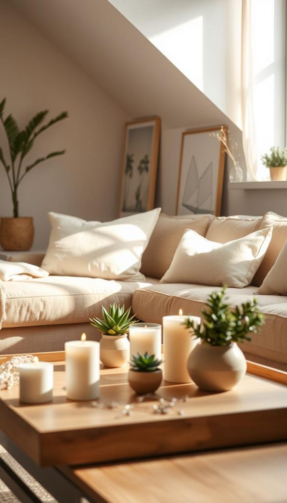 A cozy interior scene showcasing a harmonious blend of warm cream, beige, and greige tones. In the foreground, a stylishly arranged coffee table holds neutral-colored decorative items like candles and small plants, all radiating an inviting ambiance. The middle ground features a plush sofa adorned with soft cushions in complementary shades, creating a perfect spot for relaxation. In the background, delicate artwork enhances the walls, reflecting the stylish yet affordable luxury theme of the article. Soft, diffused natural lighting filters in through a nearby window, casting gentle shadows to enhance depth and warmth. The atmosphere is serene and inspiring, embodying a natural DIY aesthetic typical of Pinterest. This composition perfectly captures the essence of "KlickKiste" and modern decorative trends. A cozy interior scene showcasing a harmonious blend of warm cream, beige, and greige tones. In the foreground, a stylishly arranged coffee table holds neutral-colored decorative items like candles and small plants, all radiating an inviting ambiance. The middle ground features a plush sofa adorned with soft cushions in complementary shades, creating a perfect spot for relaxation. In the background, delicate artwork enhances the walls, reflecting the stylish yet affordable luxury theme of the article. Soft, diffused natural lighting filters in through a nearby window, casting gentle shadows to enhance depth and warmth. The atmosphere is serene and inspiring, embodying a natural DIY aesthetic typical of Pinterest. This composition perfectly captures the essence of "KlickKiste" and modern decorative trends.