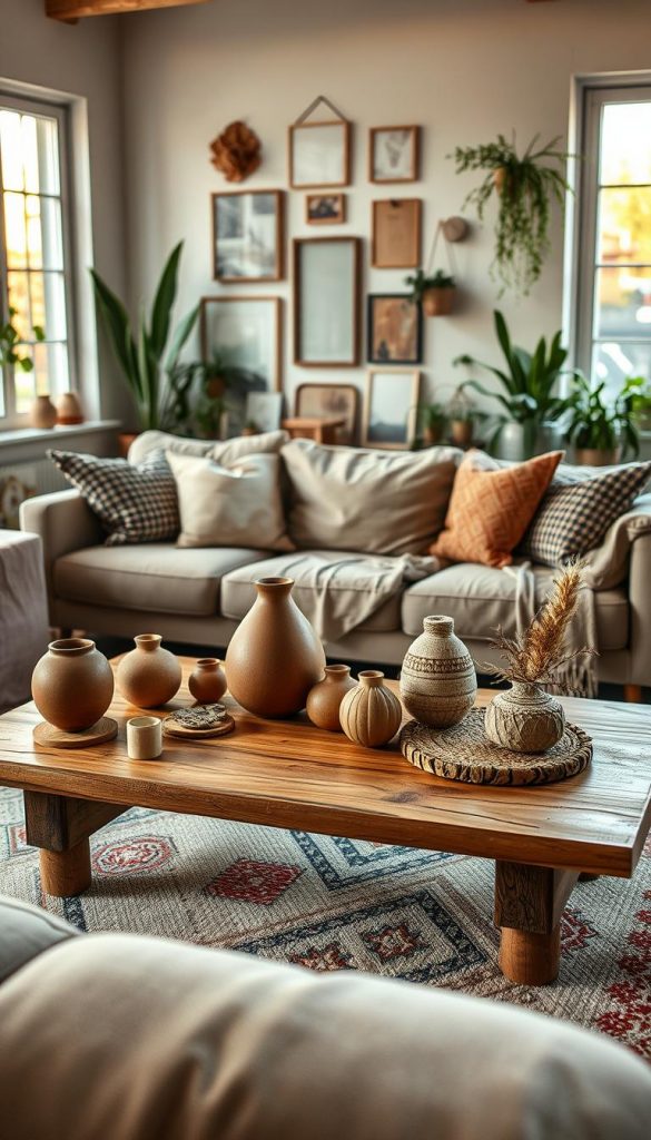 A cozy interior scene showcasing a "stil-mix atmosphäre" that seamlessly blends Scandinavian and Bohemian styles with a hint of rustic farmhouse charm and industrial elements. In the foreground, a wooden coffee table adorned with natural textures, earthy decor items like terracotta vases and woven coasters, set against a backdrop of soft, neutral-toned fabric couches. In the middle, a stylish rug featuring geometric patterns and layered textiles creates a warm ambiance. The background features gentle wall decor, such as vintage frames and potted plants, illuminated by soft, diffused lighting from large windows, casting a golden hour glow. The overall mood is inviting and authentic, with a Pinterest-worthy aesthetic that embodies natural DIY-inspired decor. This image represents the essence of KlickKiste's design.