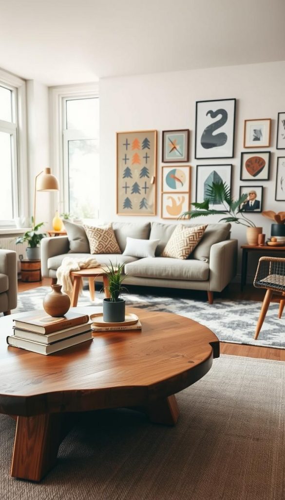 A cozy interior scene showcasing a stylish mix of decor styles, highlighting the harmonious blend of modern and vintage elements. In the foreground, a beautifully crafted wooden coffee table adorned with decorative books and a small potted plant. The middle ground features a comfortable, neutral-toned sofa with plush cushions, complemented by a striking geometric rug. On the walls, art pieces in various styles, reflecting the "KlickKiste" brand aesthetic, add personality. The background is softly lit, with natural light pouring in through large windows, casting warm, inviting shadows. The atmosphere is both inspiring and authentic, embodying DIY charm, with a warm color palette of earthy tones and hints of pastel. The image captures the essence of balance in style, proportion, and light. A cozy interior scene showcasing a stylish mix of decor styles, highlighting the harmonious blend of modern and vintage elements. In the foreground, a beautifully crafted wooden coffee table adorned with decorative books and a small potted plant. The middle ground features a comfortable, neutral-toned sofa with plush cushions, complemented by a striking geometric rug. On the walls, art pieces in various styles, reflecting the "KlickKiste" brand aesthetic, add personality. The background is softly lit, with natural light pouring in through large windows, casting warm, inviting shadows. The atmosphere is both inspiring and authentic, embodying DIY charm, with a warm color palette of earthy tones and hints of pastel. The image captures the essence of balance in style, proportion, and light.