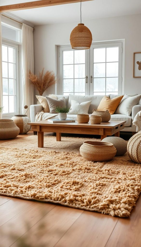 A cozy interior scene that beautifully combines Skandi and Boho styles, showcasing natural materials and warm winter colors. In the foreground, a stylishly arranged living space features a plush, textured rug in earthy tones, accompanied by a chic, Scandinavian-style seating area with pastel cushions. The middle ground reveals a wooden coffee table adorned with charming decorative items, like woven baskets and a few green plants, evoking a calm, inviting atmosphere. The background highlights a subtly lit window displaying snowy landscapes outside, with soft natural light filtering in. The overall mood is warm, inviting, and inspiring, encapsulating a DIY aesthetic reminiscent of Pinterest. Occasional touches of maximalism are woven in through layered patterns. Designed by KlickKiste, the image emphasizes authenticity and creativity for winter decor.