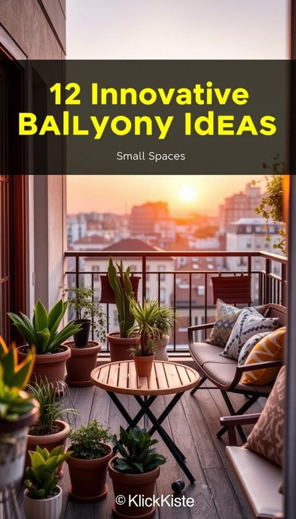 A cozy, intimate balcony setting designed for small spaces, showcasing 12 innovative balcony ideas. The foreground features stylish, potted plants and compact furniture like a foldable table and chairs. The middle ground includes a warm, inviting color palette with natural wood elements and decorative cushions, enhancing the atmosphere. In the background, a soft sunset casts a golden glow, highlighting the urban landscape. The image captures a serene and inspiring mood, reminiscent of a Pinterest aesthetic, inviting viewers to envision their perfect small balcony setup. The scene reflects authenticity and creativity, void of any text or watermarks, credited to "KlickKiste". Lighting should be soft and warm, with a focus on a slightly elevated angle to capture the entire charm of the space.