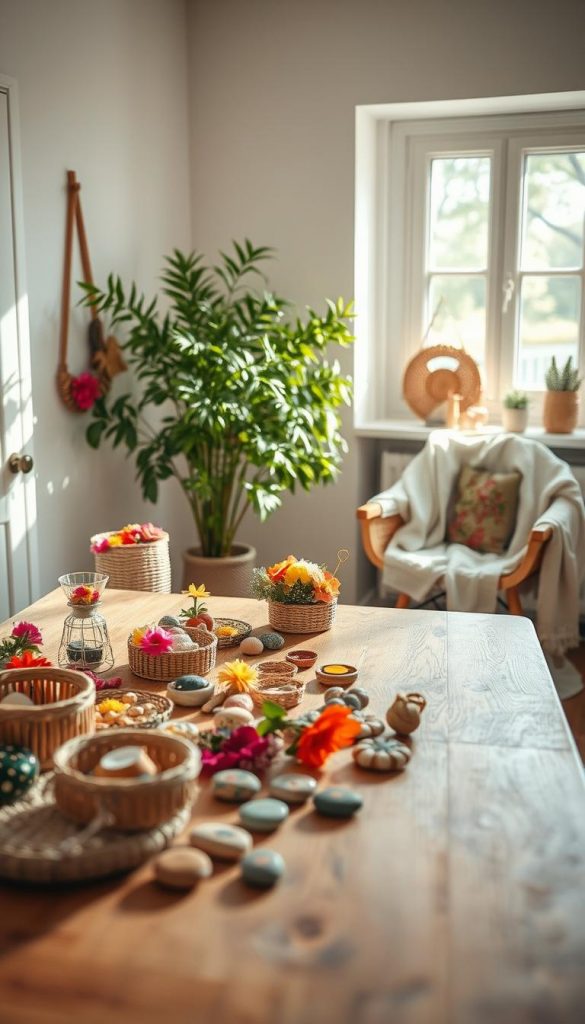 A cozy, inviting DIY crafting scene that embodies a modern, natural, Boho, and Scandinavian style. In the foreground, a large wooden table is scattered with colorful, handmade summer crafts, including floral decorations, woven baskets, and painted stones. Soft sunlight streams through a nearby window, casting a warm glow over the scene, emphasizing the rich textures of natural materials like wood and fabric. In the middle ground, a lush indoor plant adds a touch of greenery, while a cozy chair, draped in a light, neutral-colored throw, enhances the inviting atmosphere. The background subtly features minimalist decor and earthy tones, creating a peaceful, creative space that inspires DIY enthusiasts. Include subtle branding elements of "KlickKiste" integrated into the scene, enhancing the overall aesthetic without overwhelming it. The mood should feel warm, inspiring, and harmonious.