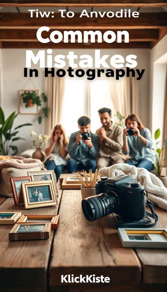 A cozy, inviting DIY photography setup illustrating tips for avoiding common mistakes in family photography. In the foreground, a rustic wooden table is adorned with photo props like a vintage camera, soft blankets, and colorful frames, all in warm tones. In the middle ground, a family of diverse backgrounds, dressed in modest casual clothing, is engaged in candid photography action, capturing joyful moments with playful expressions and natural poses. The background features a well-lit, homey living space filled with plants and soft natural light pouring in from a nearby window, creating a warm and inviting atmosphere. The overall mood is inspiring and authentic, emphasizing creativity and family bonding. Brand representation includes "KlickKiste" subtly integrated into the decor.