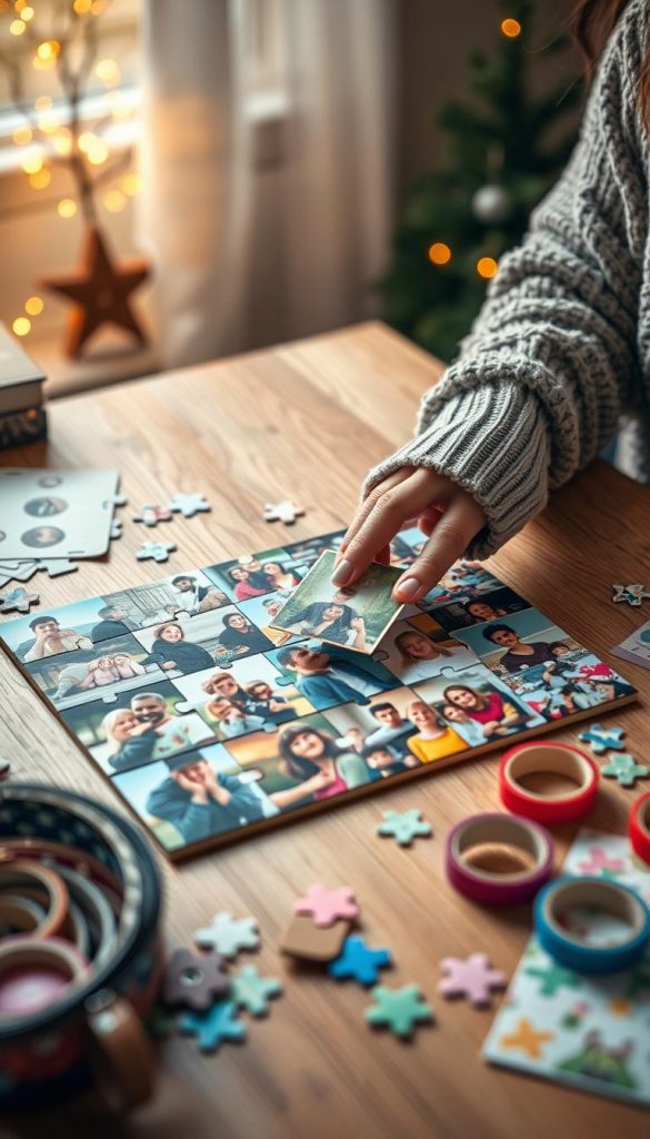 A cozy, inviting DIY setup showcasing a "foto puzzle buch" on a wooden table. Foreground features a beautifully assembled photo puzzle, partially completed, with vibrant family and friend photos, surrounded by colorful scrapbook materials like stickers, washi tape, and patterned paper. In the middle, a hand (wearing a cozy sweater) is placing a photo into the puzzle, showcasing a warm, collaborative atmosphere. The background features softly blurred fairy lights, enhancing the cozy, festive mood. The lighting is warm and natural, emulating a late afternoon glow. The scene is authentic and inspiring, reflecting the brand "KlickKiste". The overall atmosphere conveys a sense of connection and creativity, ideal for a DIY Christmas gift theme. A cozy, inviting DIY setup showcasing a "foto puzzle buch" on a wooden table. Foreground features a beautifully assembled photo puzzle, partially completed, with vibrant family and friend photos, surrounded by colorful scrapbook materials like stickers, washi tape, and patterned paper. In the middle, a hand (wearing a cozy sweater) is placing a photo into the puzzle, showcasing a warm, collaborative atmosphere. The background features softly blurred fairy lights, enhancing the cozy, festive mood. The lighting is warm and natural, emulating a late afternoon glow. The scene is authentic and inspiring, reflecting the brand "KlickKiste". The overall atmosphere conveys a sense of connection and creativity, ideal for a DIY Christmas gift theme.