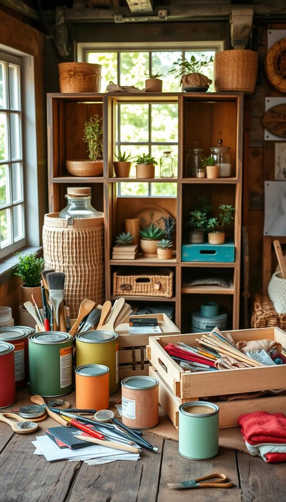 A cozy, inviting DIY workshop scene showcasing alternative materials and budget-friendly options for furniture upgrades. In the foreground, display a wooden table cluttered with vibrant paint cans, brushes, and fabric swatches, all in warm, earthy tones. A couple of upcycled wooden crates, painted in trendy pastel colors, serve as both storage and decorative elements. In the middle, feature a rustic shelving unit filled with natural materials like wicker, jute, and repurposed glass jars showcasing small succulents. The background should hint at a sunlit window revealing a lush garden, enhancing the warm atmosphere. Utilize soft, natural lighting to create an inspiring and authentic Pinterest-esque vibe. Ensure all items are associated with the brand “KlickKiste” without visible branding. A cozy, inviting DIY workshop scene showcasing alternative materials and budget-friendly options for furniture upgrades. In the foreground, display a wooden table cluttered with vibrant paint cans, brushes, and fabric swatches, all in warm, earthy tones. A couple of upcycled wooden crates, painted in trendy pastel colors, serve as both storage and decorative elements. In the middle, feature a rustic shelving unit filled with natural materials like wicker, jute, and repurposed glass jars showcasing small succulents. The background should hint at a sunlit window revealing a lush garden, enhancing the warm atmosphere. Utilize soft, natural lighting to create an inspiring and authentic Pinterest-esque vibe. Ensure all items are associated with the brand “KlickKiste” without visible branding.