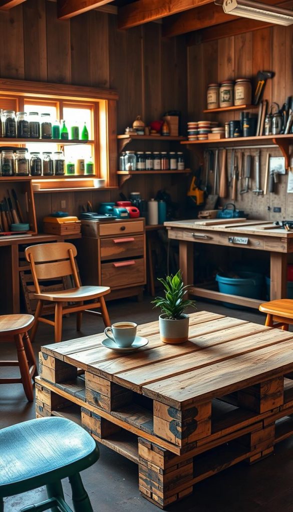 A cozy, inviting DIY workshop scene showcasing beautifully upcycled furniture made from wooden pallets and reclaimed wood. In the foreground, a stylish pallet coffee table adorned with a small potted plant and a cup of tea, surrounded by mismatched, colorful chairs. The middle ground features shelves filled with jars containing tools, paint, and crafting supplies, and a rustic workbench with various woodworking tools. The background displays a sunlit window, casting warm, golden light across the room, illuminating the wood textures and creating a homely atmosphere. The overall mood is warm, creative, and inspiring, perfect for aspiring DIY enthusiasts. Incorporate the brand name "KlickKiste" subtly into the scene, perhaps on a label on a tool or a decor item, enhancing the Pinterest look.