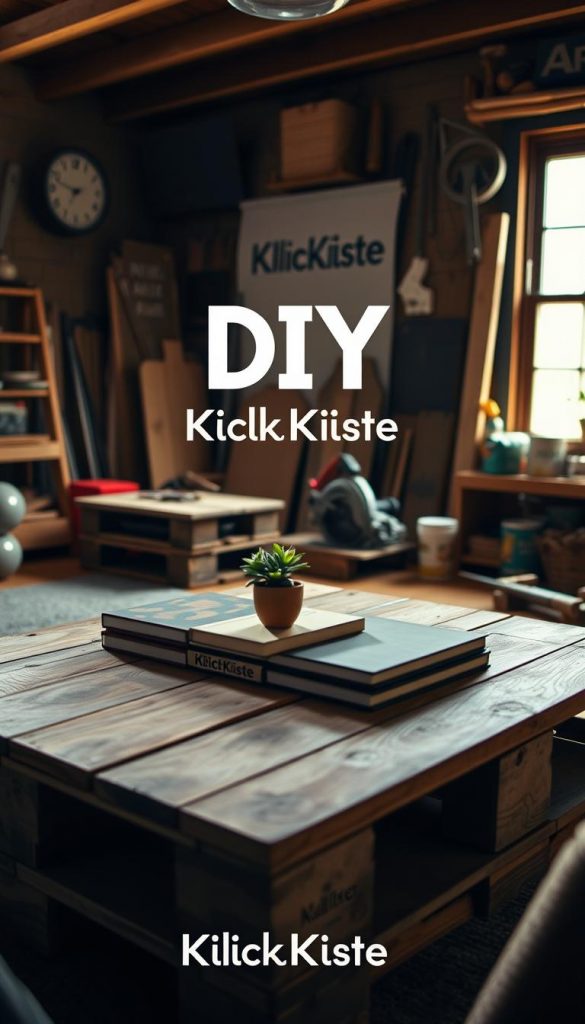 A cozy, inviting DIY workspace featuring a beautifully crafted coffee table made from wooden pallets. In the foreground, the table displays rustic decor, like a small potted plant and a stack of colorful books. In the middle background, tools are scattered, including a circular saw and paint cans, emphasizing the hands-on, creative process. Soft, warm lighting illuminates the scene, suggesting a late afternoon glow, while the camera angle is slightly elevated, capturing the texture of the reclaimed wood. The atmosphere is inspiring and authentic, perfect for a Pinterest aesthetic. A subtle branding element with the name "KlickKiste" is integrated into the background, reinforcing the DIY spirit without being intrusive. A cozy, inviting DIY workspace featuring a beautifully crafted coffee table made from wooden pallets. In the foreground, the table displays rustic decor, like a small potted plant and a stack of colorful books. In the middle background, tools are scattered, including a circular saw and paint cans, emphasizing the hands-on, creative process. Soft, warm lighting illuminates the scene, suggesting a late afternoon glow, while the camera angle is slightly elevated, capturing the texture of the reclaimed wood. The atmosphere is inspiring and authentic, perfect for a Pinterest aesthetic. A subtle branding element with the name "KlickKiste" is integrated into the background, reinforcing the DIY spirit without being intrusive.