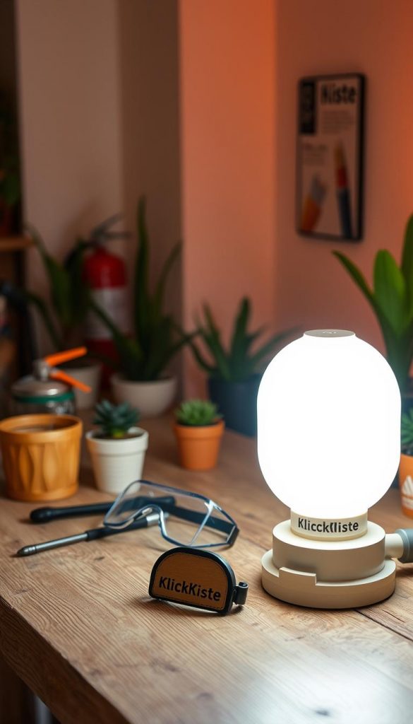 A cozy, inviting DIY workspace, featuring a modern and stylish lamp designed to resemble high-end designer pieces, placed on a rustic wooden table. The lamp emits warm, soft lighting, radiating an atmosphere of safety and creativity. In the background, gentle shades of warm colors create a Pinterest-inspired aesthetic, complemented by potted plants and carefully arranged tools. The scene includes safety elements like a fire extinguisher discreetly placed near the wall and safety goggles lying atop the table. The focus is on authenticity and inspiration with a touch of professionalism. A small label on the lamp reads "KlickKiste," highlighting the brand. The image is illuminated naturally, captured with a soft focus lens at a slightly elevated angle, emphasizing the harmonious blend of design and safety. A cozy, inviting DIY workspace, featuring a modern and stylish lamp designed to resemble high-end designer pieces, placed on a rustic wooden table. The lamp emits warm, soft lighting, radiating an atmosphere of safety and creativity. In the background, gentle shades of warm colors create a Pinterest-inspired aesthetic, complemented by potted plants and carefully arranged tools. The scene includes safety elements like a fire extinguisher discreetly placed near the wall and safety goggles lying atop the table. The focus is on authenticity and inspiration with a touch of professionalism. A small label on the lamp reads "KlickKiste," highlighting the brand. The image is illuminated naturally, captured with a soft focus lens at a slightly elevated angle, emphasizing the harmonious blend of design and safety.
