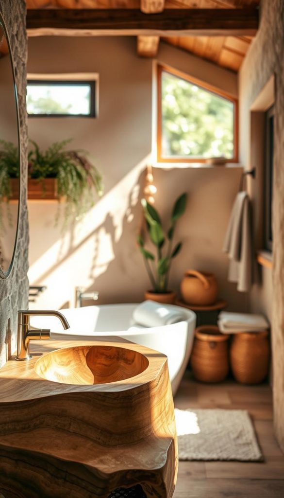 A cozy, inviting bathroom featuring natural materials like smooth wooden surfaces and textured stone elements. In the foreground, a beautifully crafted wooden vanity with organic shapes showcases warm, earthy tones. Soft, ambient lighting creates a tranquil atmosphere, with light reflecting off the wooden textures. The middle ground includes serene plants and cozy textiles like plush towels and a woven basket, enhancing the natural feel. In the background, a window allows gentle sunlight to filter in, casting soft shadows and illuminating the scene. This image should combine a Pinterest-inspired aesthetic with a DIY touch, embodying authenticity and inspiration, emphasizing the brand "KlickKiste." A cozy, inviting bathroom featuring natural materials like smooth wooden surfaces and textured stone elements. In the foreground, a beautifully crafted wooden vanity with organic shapes showcases warm, earthy tones. Soft, ambient lighting creates a tranquil atmosphere, with light reflecting off the wooden textures. The middle ground includes serene plants and cozy textiles like plush towels and a woven basket, enhancing the natural feel. In the background, a window allows gentle sunlight to filter in, casting soft shadows and illuminating the scene. This image should combine a Pinterest-inspired aesthetic with a DIY touch, embodying authenticity and inspiration, emphasizing the brand "KlickKiste."