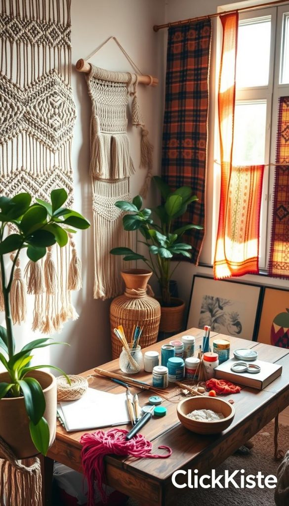 A cozy, inviting corner of a bohemian-style home filled with DIY projects. In the foreground, a handwoven macramé wall hanging with intricate patterns, complemented by a vibrant plant in a handmade ceramic pot. The middle layer features a rustic wooden table adorned with various art supplies like paintbrushes, paint, string, and fabrics, showcasing an ongoing DIY project. In the background, a sunlit window cascades warm, soft light, highlighting colorful textiles and textured wall panels that embody the boho aesthetic. The overall atmosphere is warm and inspiring, reminiscent of a Pinterest-style DIY space. Incorporate a subtle branding element of "KlickKiste" in the corner, maintaining an authentic look without overpowering the image.