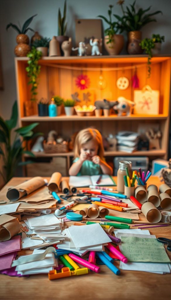 A cozy, inviting craft space filled with various DIY materials for children. In the foreground, a colorful assortment of paper, cardboard, toilet paper rolls, and egg cartons is neatly arranged on a wooden table, showcasing their potential for creativity. The middle layer features a warm, soft light illuminating a child’s hands engaged in crafting, surrounded by scissors, glue, and vibrant markers. In the background, a wooden shelf displays finished projects, such as cardboard animals and paper art, with hints of greenery from potted plants adding a natural touch. The overall atmosphere is warm, inspiring, and inviting, evoking a sense of family fun and creativity, reminiscent of a Pinterest aesthetic. The image reflects the brand "KlickKiste" with its emphasis on natural DIY elements, enveloped in a serene, engaging environment.