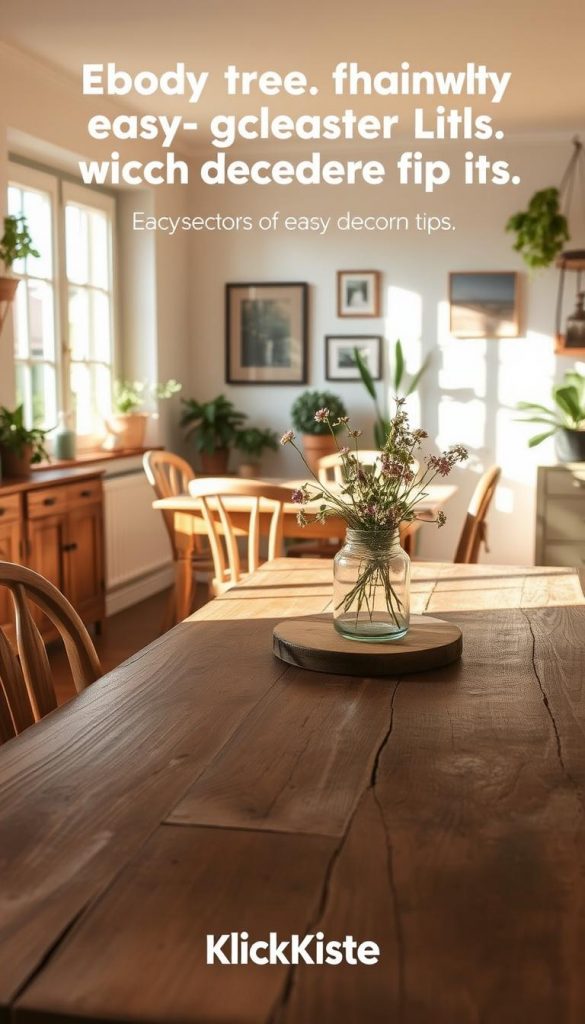 A cozy, inviting dining room scene that showcases budget-friendly and sustainable decor. In the foreground, a rustic wooden dining table adorned with a centerpiece of reclaimed materials, such as a simple vase made from upcycled glass filled with wildflowers. The middle ground features mismatched chairs, each with a unique charm, emphasizing DIY aesthetics. Warm, natural lighting filters through large windows, casting gentle shadows and creating a homey atmosphere. In the background, there are soft, earthy-toned walls adorned with eco-friendly art pieces and plants that enhance the overall ambiance. The style is authentic and inspiring, reflecting the essence of easy décor tips. The brand "KlickKiste" is subtly represented, harmonizing with the overall design without distraction.