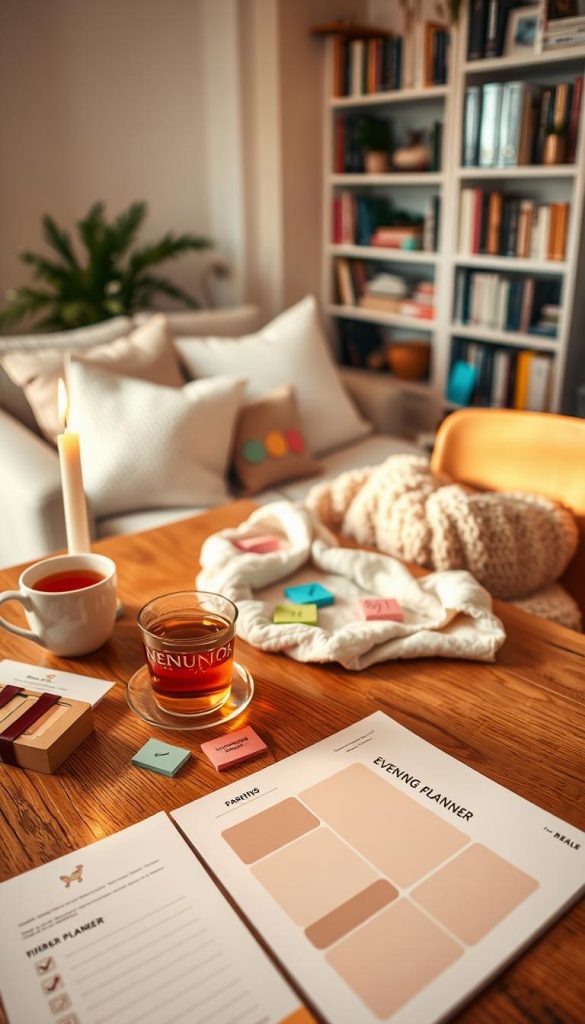 A cozy, inviting evening setting that embodies the concept of an organized, stress-free family routine. In the foreground, a beautifully designed evening planner with warm, inviting colors and simplistic icons sits on a wooden dining table adorned with gentle candlelight. To the left, a checklist lies beside a cup of herbal tea, promoting relaxation. In the middle ground, soft pillows and a plush throw enhance the homey atmosphere, while colorful sticky notes with encouraging messages peek out. In the background, a softly lit living room creates a peaceful ambiance, featuring a bookshelf filled with parenting books. The scene is illuminated with warm, natural lighting, creating a calm and inspiring mood. This image represents the essential tools for parents in the evening, styled to convey a Pinterest-like aesthetic, attributed to "KlickKiste."